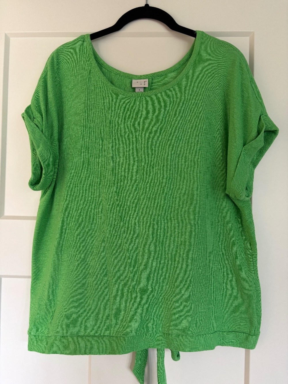 A New Day Women's L Green Short Sleeve Slit Back Knot Tie Closure Stretchy Soft